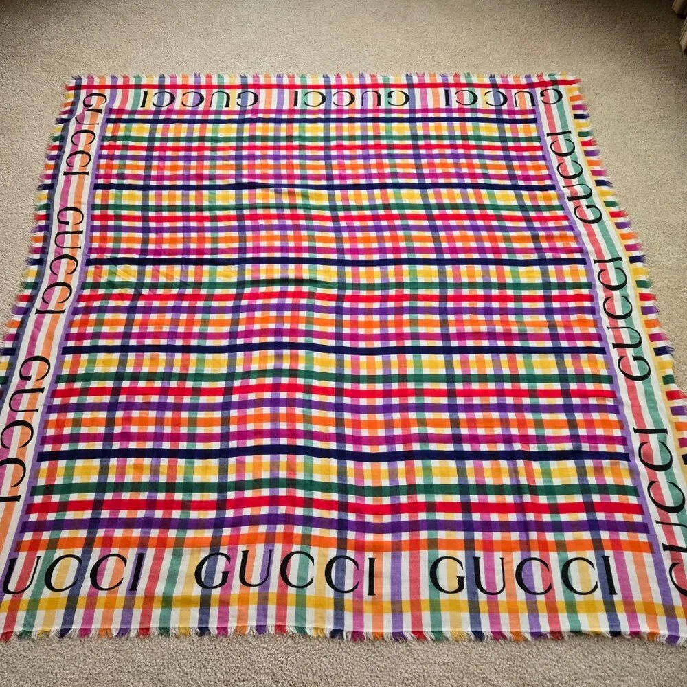 Gucci Multicolor Stripe Check Wool Shawl/Scarf - Picture 6 of 16